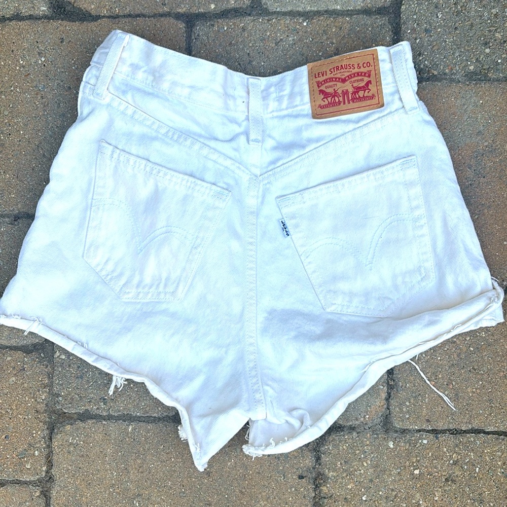 Levi's High Waisted Mom Shorts in White Distressed Denim
